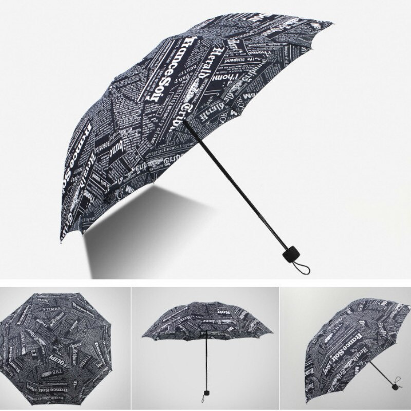 Payung Lipat Motif Koran Retro Foldable Umbrella Newspaper Style Kreatif Penggunaan Ganda Lipat Tiga Pria Wanita Mode Siswa Hadiah Payung