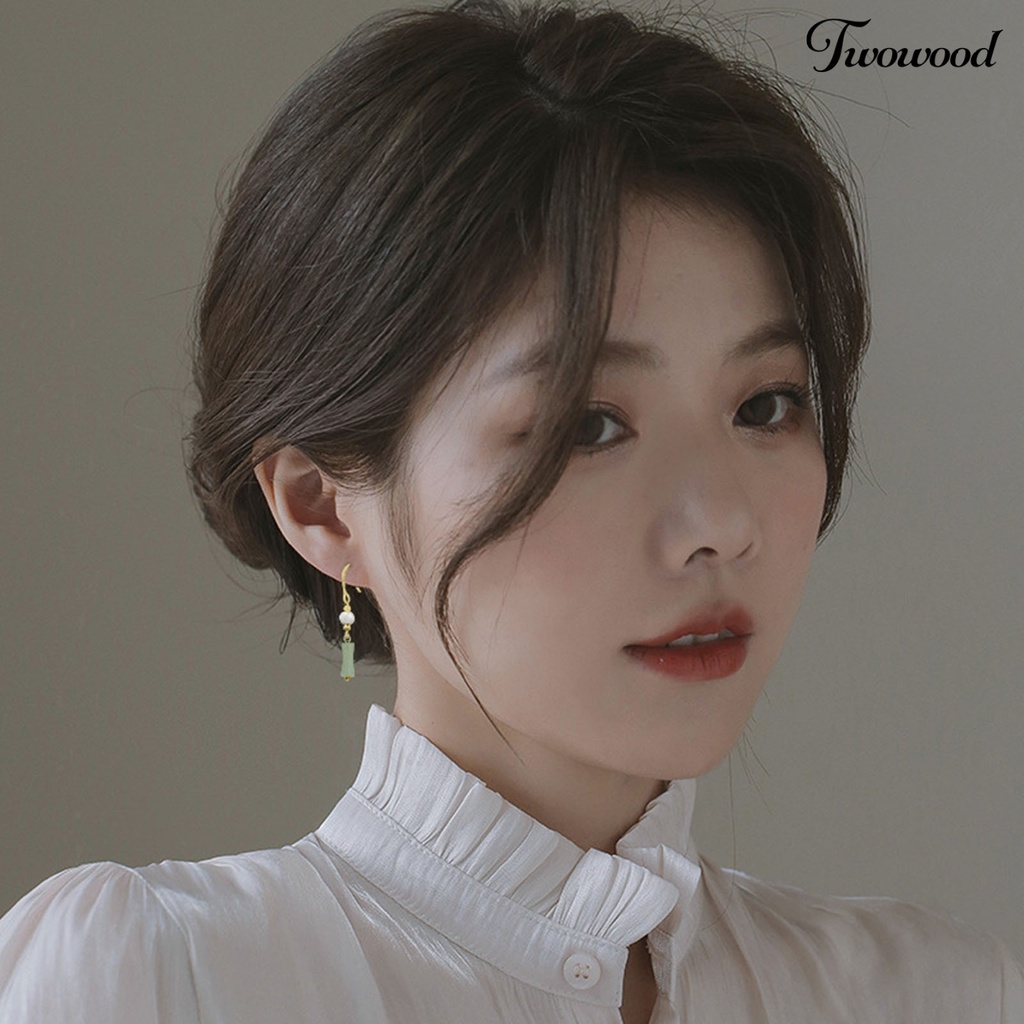 Twowood 1pasang Anting Menjuntai Manik-Manik Mutiara Imitasi Gaya Cina Faux Hetian Jade Bamboo Joint Hook Earrings Aksesoris Perhiasan