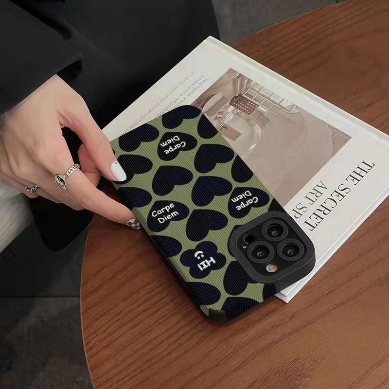 【Lamb Skin】Green Black Love Soft Case for IPhone 6S 7 Plus 8 Plus X XS XR XS Max 11 13 12 14 PRO Max 14 Plus 12 13 Mini Camera Protect Cute Women's Fashion