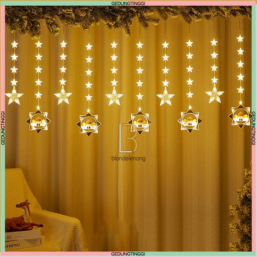 Lampu Tirai Tumblr Hias Led Panjang Dekorasi Ornamen Ornament Perlengkapan Dekor Lebaran Idul Fitri Ramadhan Ramadan Kareem Ketupat Bulan Bintang Warna Warni Warm White RGB RBG Gantung Gorden Cafe Hotel Kelap Kelip Outdoor Outdor Waterproof Anti Air Hujan