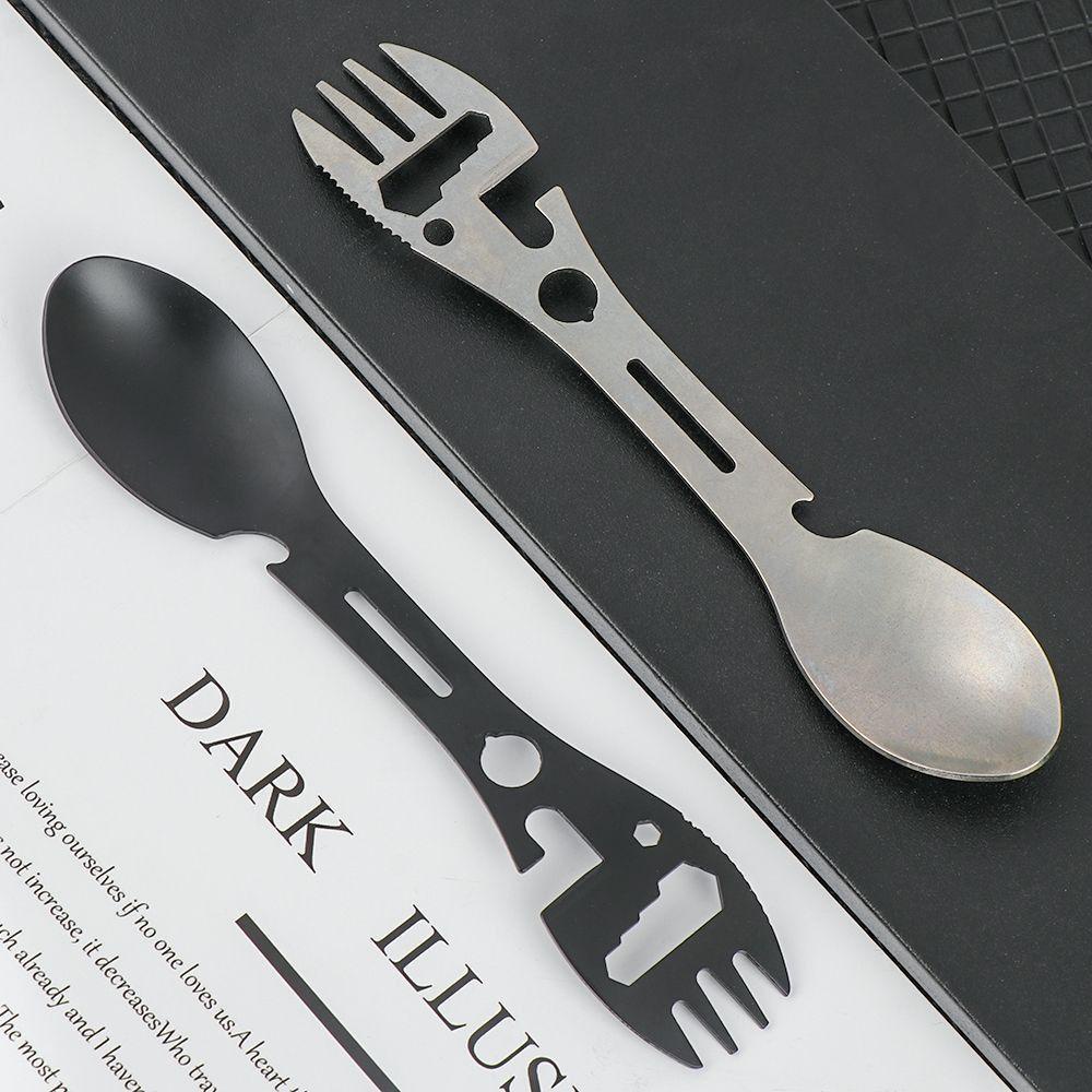 Agustina Sendok Multifungsi Portable Sendok Garpu Serbaguna Cutting Camping Peralatan Makan Alat Dapur Outdoor Tools Stainless Spoon Dishware Pembuka Botol