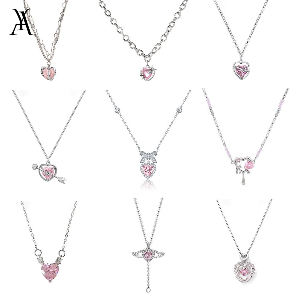 AY(CN) Kalung Liontin Cupid Kristal Pink Manis Berongga Jantung Salib Rantai Perak Choker Untuk Aksesoris Perhiasan Wanita