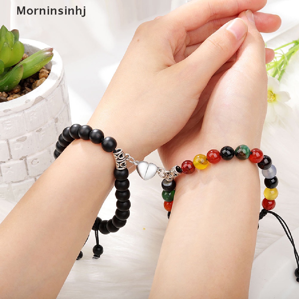 Mornin 2pcs/set Magnet Couple Gelang Untuk Wanita Pria Romantis Hati Pencocokan Kekasih Manik-Manik Batu Alam Yoga Gelang Valene Hadiah Perhiasan id