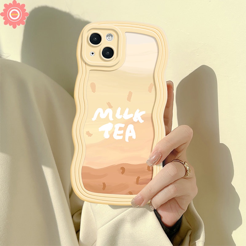 Compatible for iPhone 11 7 8 Plus 13 12 14 Pro Max XR 6s 6 X XS Max 14 Plus SE 2020 7Plus Protect Lens Cute Milk Tea Pattern Soft Wavy Edge Back Cover