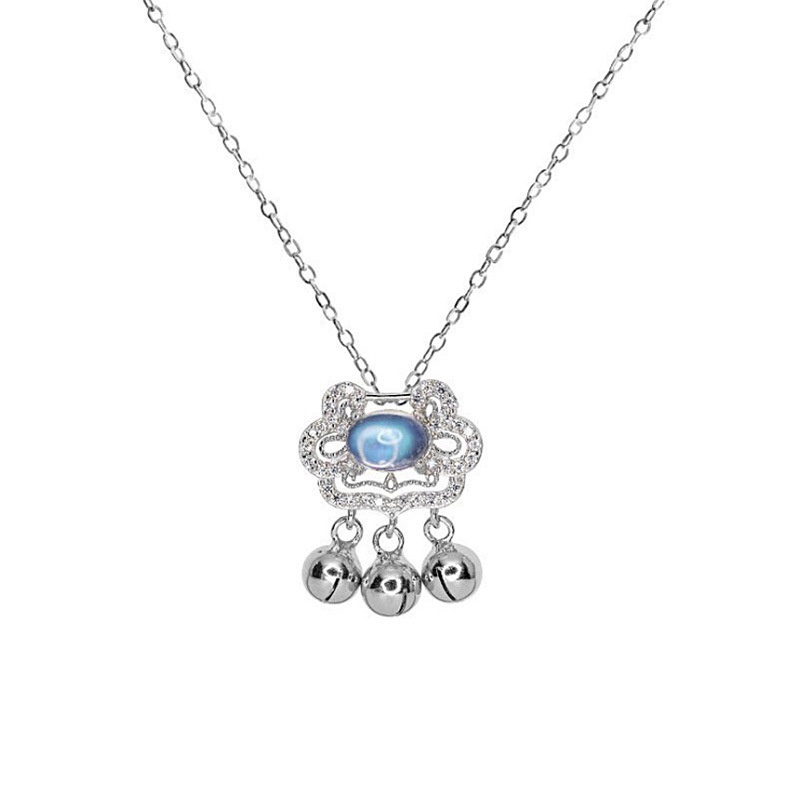 Goldkingdom Fashion Perhiasan Aksesoris Ready Stock Kunci Perak Kekayaan Lock Safety Kecil Bell Liontin Biru Moonlight Batu Ruyi Safety Panjang Umur Lock Kalung Pendek Perempuan