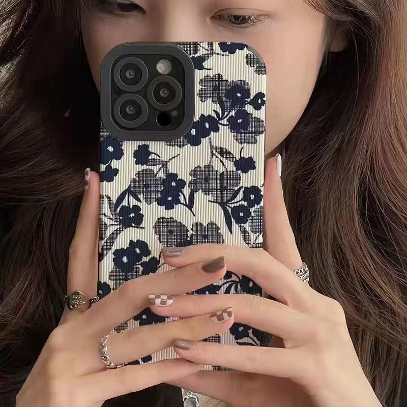 Nice！Navy Blue Art Flower Soft Case HP OPPO A91 F11 F9 Pro A3S A9 A5 A31 A53 A33 2020 A7 A5S A12 A11K A52 A92 A83 A55 A56 A55S A95 FTD Stripe Casing Realme C1 X XT Reno 2F 3 5 6 5G