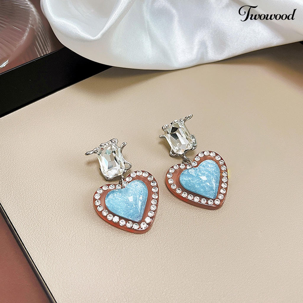 Twowood 1pasang Menjuntai Anting Vintage Romantis Bersinar Cubic Zirconia Hias Geometris Hadiah Wanita Hati Liontin Stud Earrings Pesona Perhiasan Untuk Pacaran