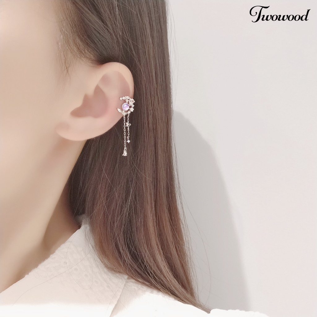 Twowood 1pasang Anting Gaya Korea Geometris Rantai Panjang Ungu Kristal Imitasi Bulan Bintang Kupu-Kupu Bertatahkan Berlian Imitasi Panjang Rumbai Anting Aksesoris Fashion