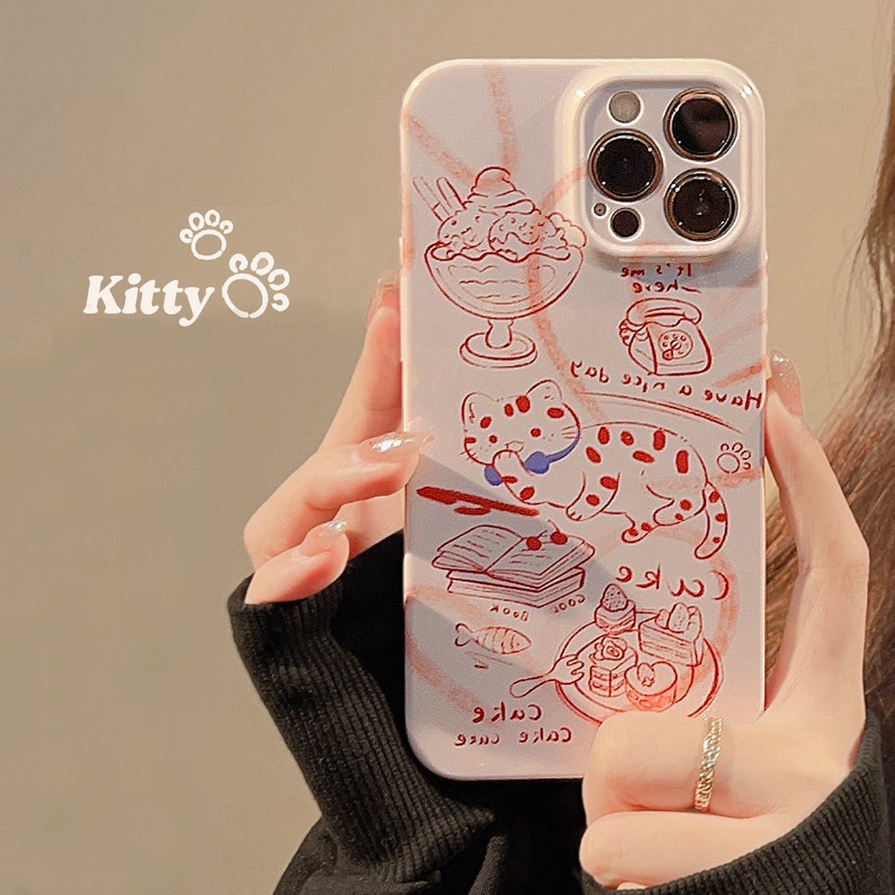 IPHONE Ins Ilustrasi Pink Nap Kitten Cat Glossy Phone Hard Film Case Tidak Luntur Cover Untuk Iphone7 8 PLUS X XR XS 11 12 13 14 PRO MAX SE 2020