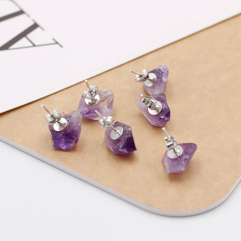 Anting Amethyst Alami Tidak Teratur Vintage Ungu Anting Stud Batu Kristal Untuk Wanita Perhiasan Minimalis