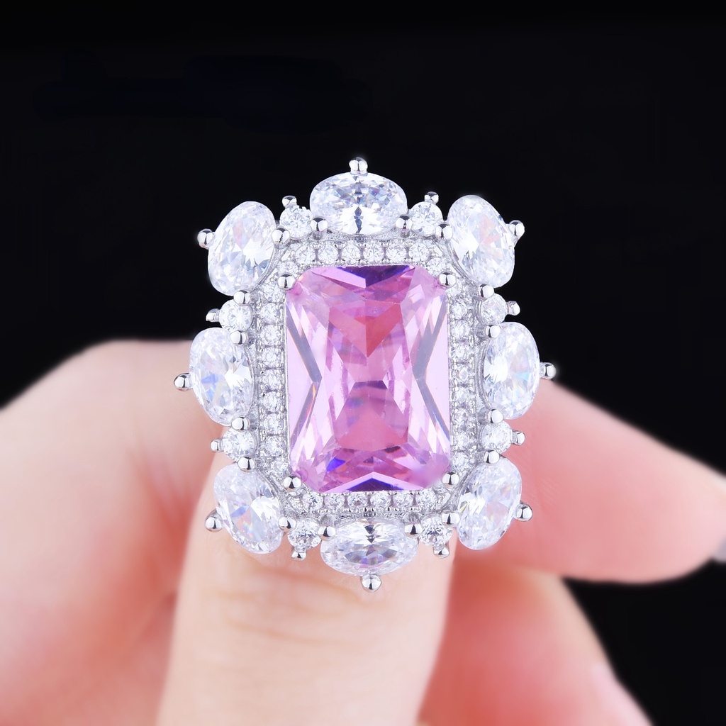 Goldkingdom Aksesoris Perhiasan Fashion Ready Stock Set Princess Square Diamond Argyll Pink Ring Cincin Tunangan Untuk Wanita