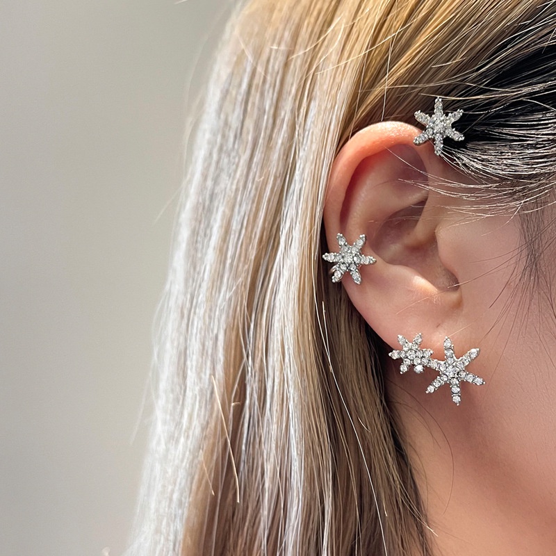 Desain Kecil Anting Klip Tulang Telinga Canggih Snowflake Ear Hanging Anting Terintegrasi Enam Bintang