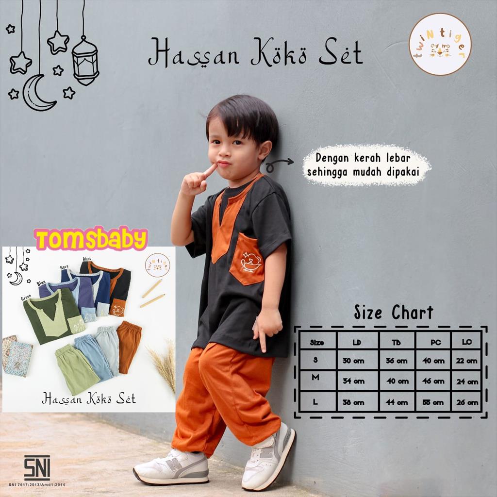 [TOMS] TWIN TIGER (1stel) Hasan Koko Set / Stelan Baju Koko Anak Laki Raya Lebaran EID Terbaru