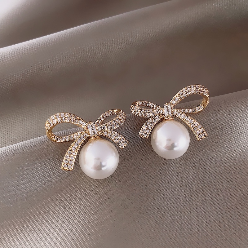 S925 Perak Jarum Korea Berlian Busur Mutiara Temperamen Manis All-Match Anting Earrings Wanita