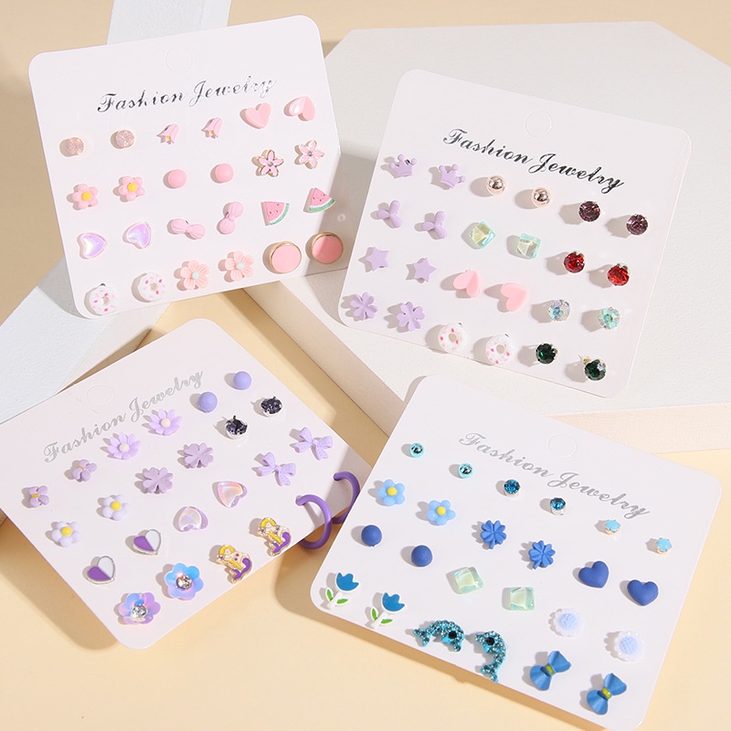 12pasang/set Sederhana Fashion Hati Bintang Bunga Anting Tusuk Donat Dolphin Mermaid Earrings Jewelry Untuk Wanita Anak