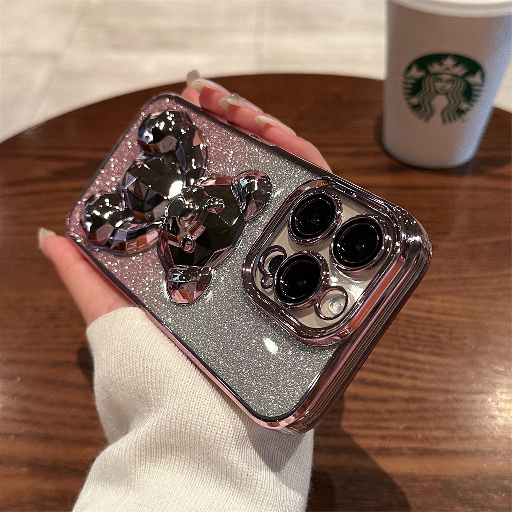 Film Lensa Perlindungan Kamera Mewah Untuk Case iPhone 14 Pro Max Plus Case iPhone 13 12 Pro Max Case 14 Promax Premium Shimmering Metal 3D Crystal Bear Shockproof Transparan Soft Cas