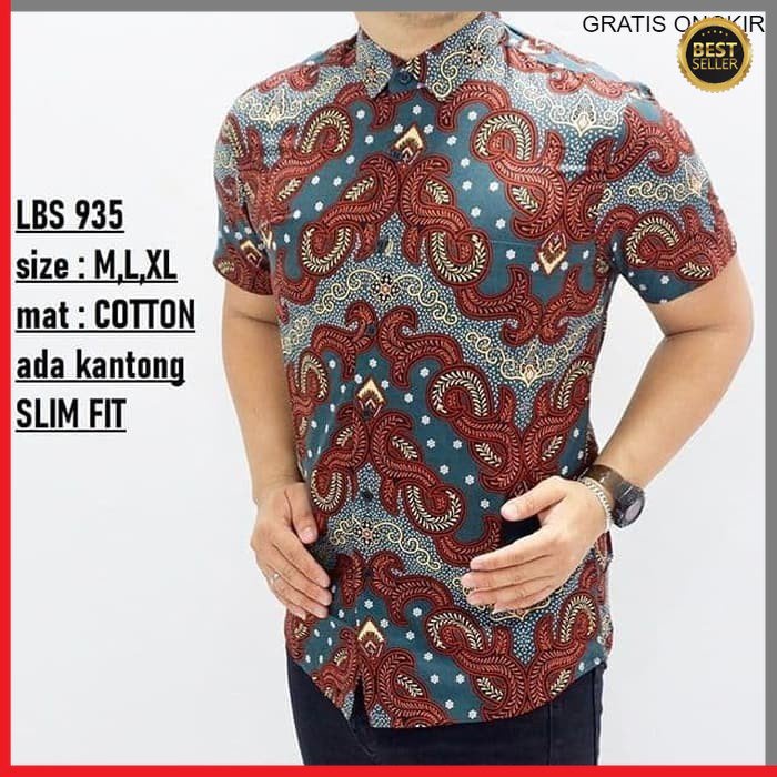 KEMEJA PRIA BATIK LENGAN PENDEK HEM BAHAN KATUN HALUS 40S LBS 935 BAJU MODERN MEWAH SLIMFIT SLIM FIT BY  JAKARTA