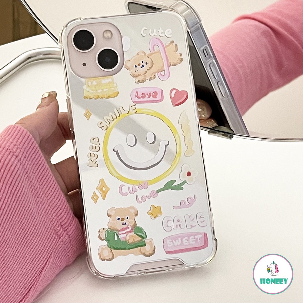 Casing Ponsel Cermin Smiley Beruang Lucu Gaya Korea Kompatibel Untuk IPhone 14 Pro Max12 13 Pro Max11 Lembut Anti-Drop Phone Back Cover