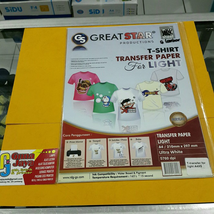 

Transfer Paper T-shirt GREATSTAR A4 for Light Fabric - Kertas Transfer Berkualitas untuk Desain T-shirt
