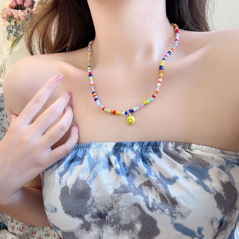Indah Happy Smiling Face Necklace Kalung Manik-Manik Warna Bohemian Etnik Untuk Wanita Korea Liontin Sederhana