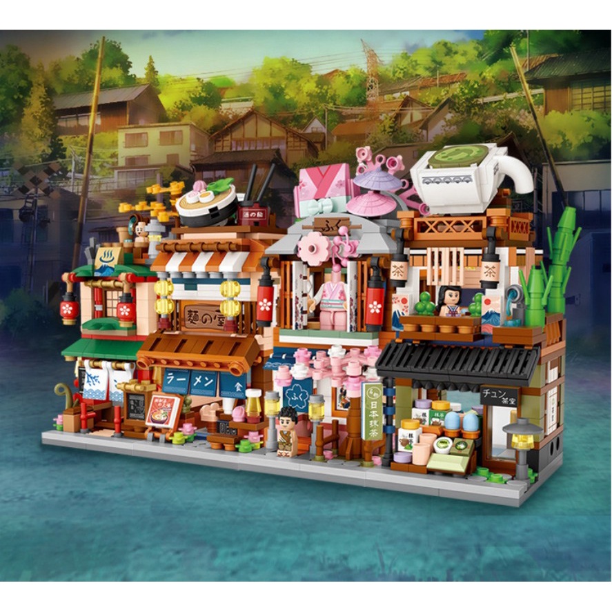 【COD】Mini Block Street DIY Mainan Blok Bangunan Mini Baru Gaya Jepang Blok Bangunan Ramen Canteen/Matcha Shop/412pcs/379pcs