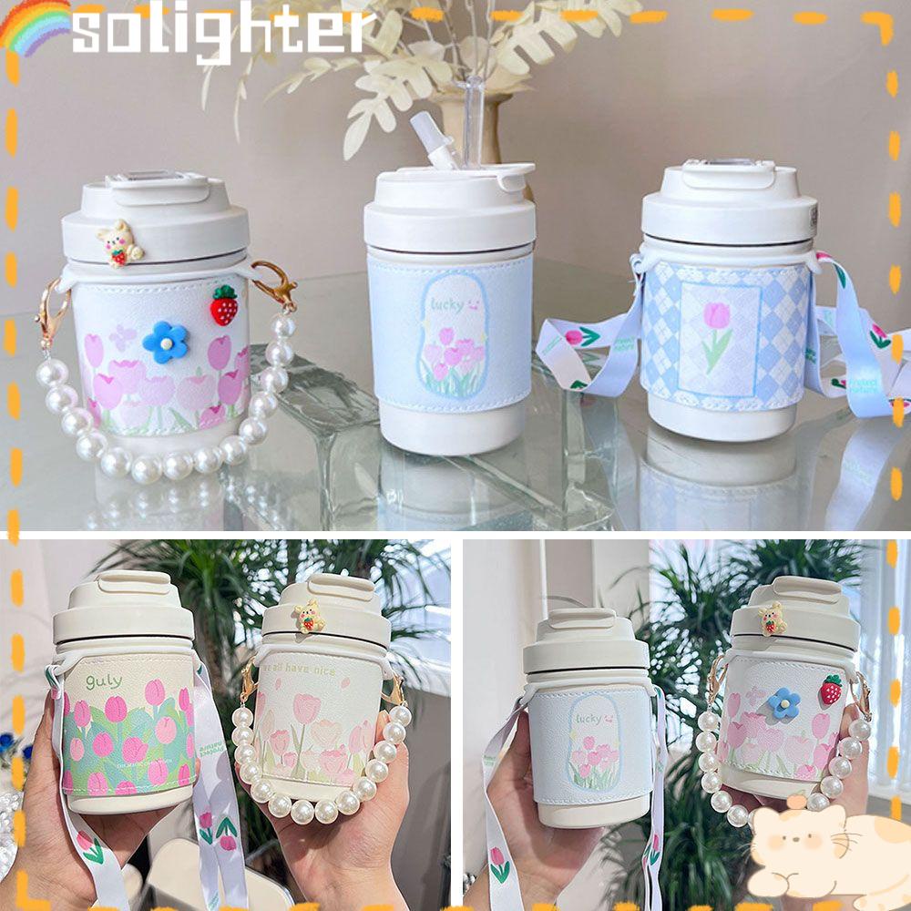 Solighter 450ml Vacuum Flasks Lucu Dengan Lengan Mug Thermal Bunga Tulip