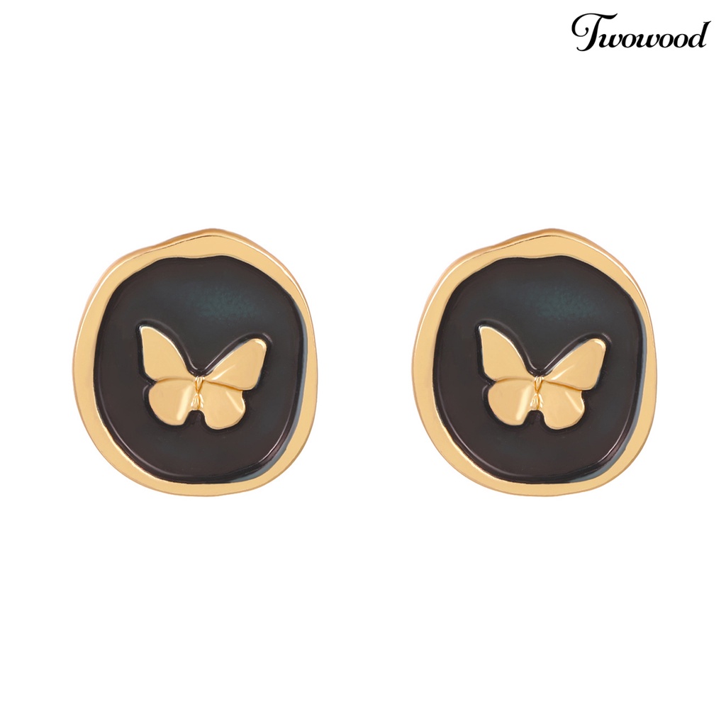 Twowood 1pasang Ear Studs Retro Gaya Perancis Menjatuhkan Minyak Tidak Teratur Bulat Hadiah Kepribadian Hitam Emas Kupu-Kupu Wanita Anting Perhiasan Fashion