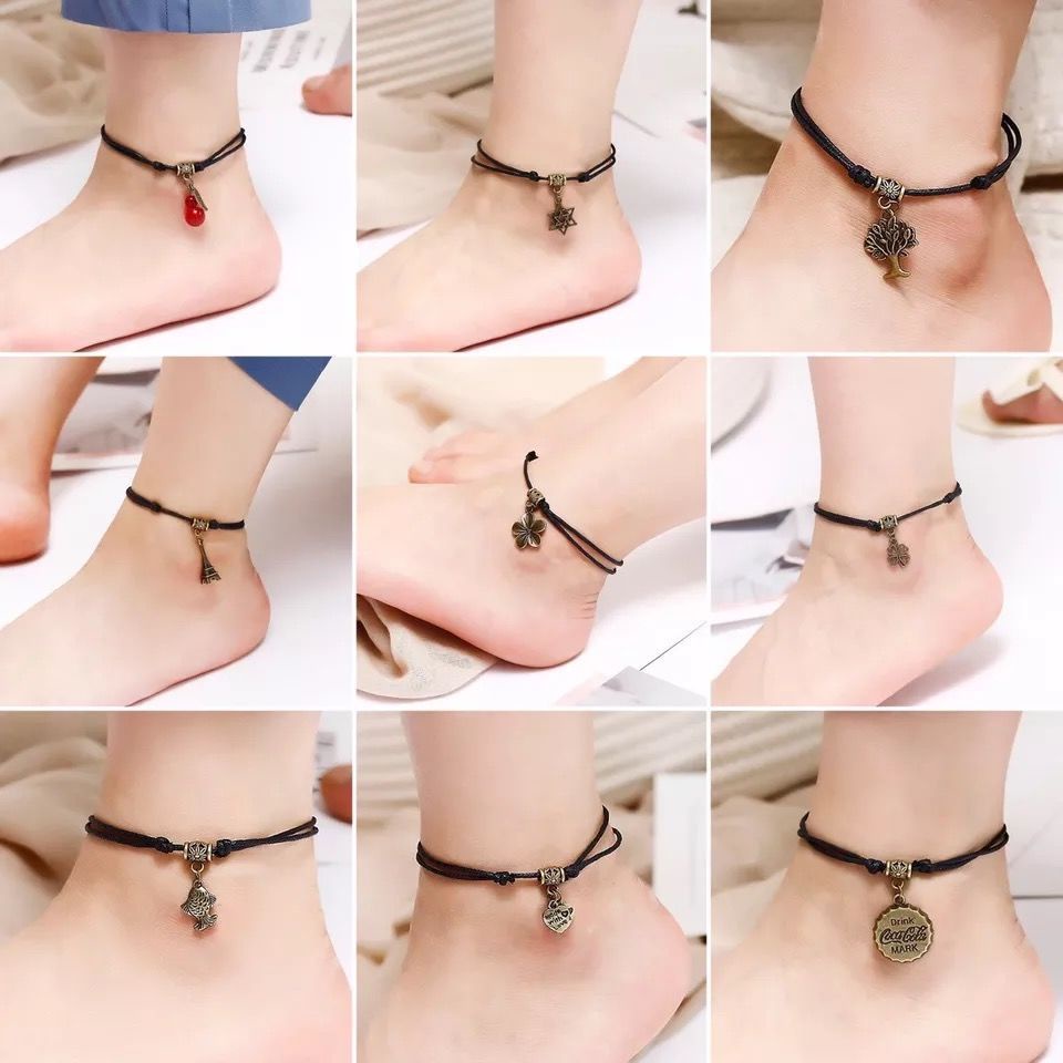 Gelang Kaki Hitam Tenun Tangan Siswa Sederhana Gelang Kaki Tali Merah Benming Tahun Bell Akik Retro Gelang Kaki