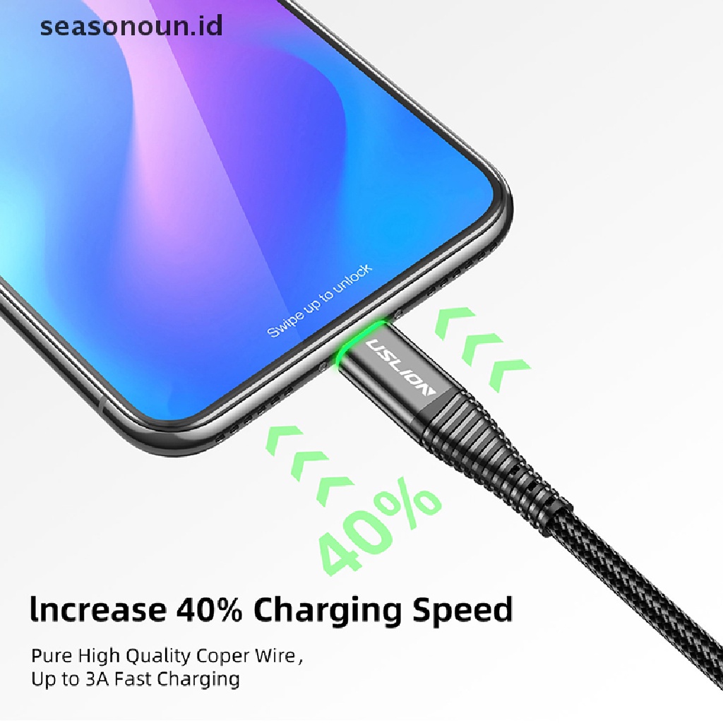 Seasonoun 2M 3A Kabel Data Pengisian Cepat Cahaya Hijau Lampu Led Kawat Pengisian USB Tipe C Perangkat Kabel Data Serat Dikepang Tahan Lama Pengisian Cepat Micro USB Ponsel Charging Wire.