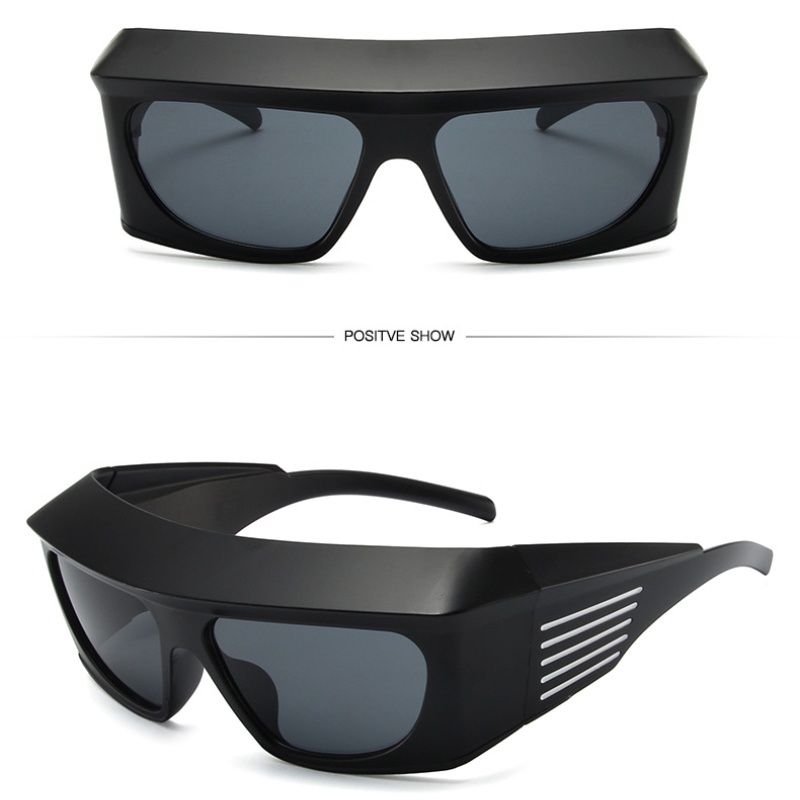 (YUZHU) Futuristik Oversized Frame Kacamata Hitam Y2K Persegi Panjang Bingkai Tebal Keren Sunglasses Unisex