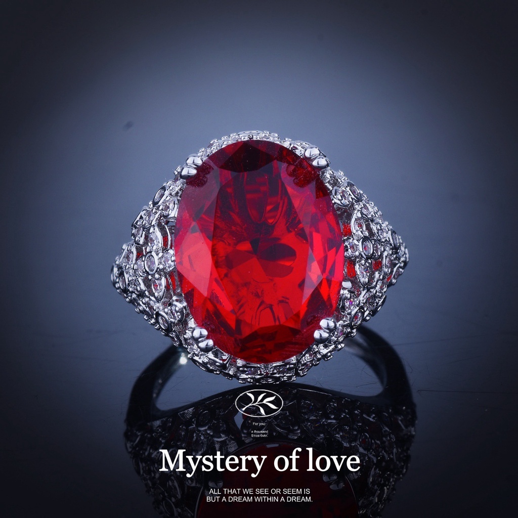 Goldkingdom Aksesoris Perhiasan Fashion Ready Stock Cincin Ruby Telur Burung Merpati Baru Mewah High-end Desain Jala Bawah Dengan Cincin Harta Karun Berwarna Isi Berlian Di Samping