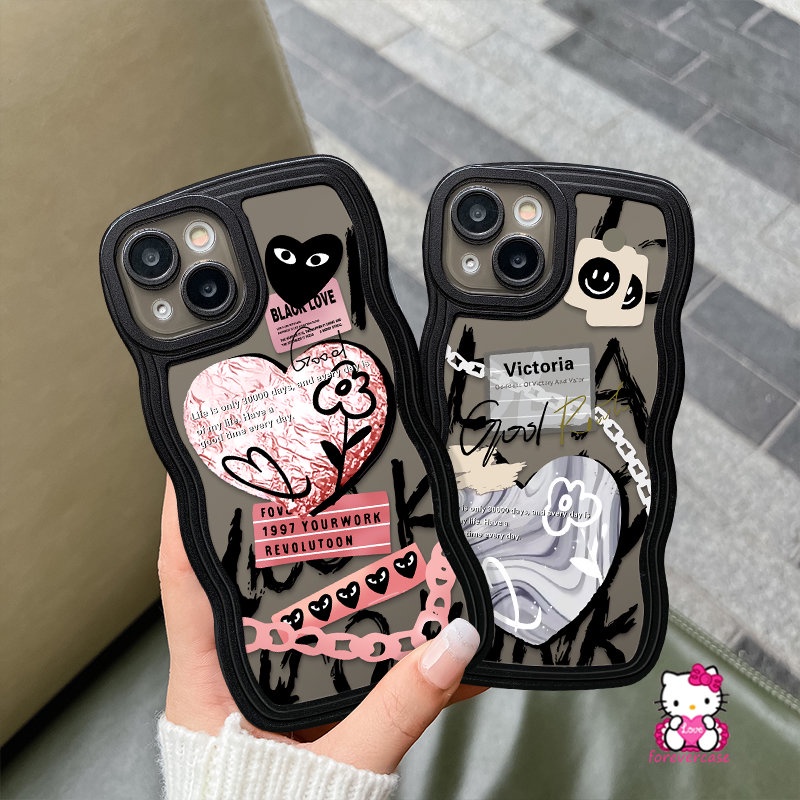 Casing Tpu Lembut Tepi Bergelombang Kompatibel Untuk iPhone 7Plus XR 11 14 13 12 Pro Max X XS Max 8Plus 6s 6 7 14 8 Plus SE 2020 Graffiti Cinta Hati Comme des Garcons Smiley Cover