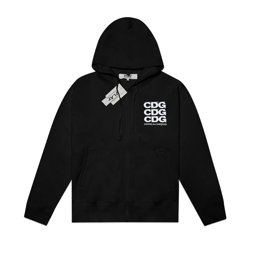 CDG Play Triple Texts Zip-Up Hoodie Black
