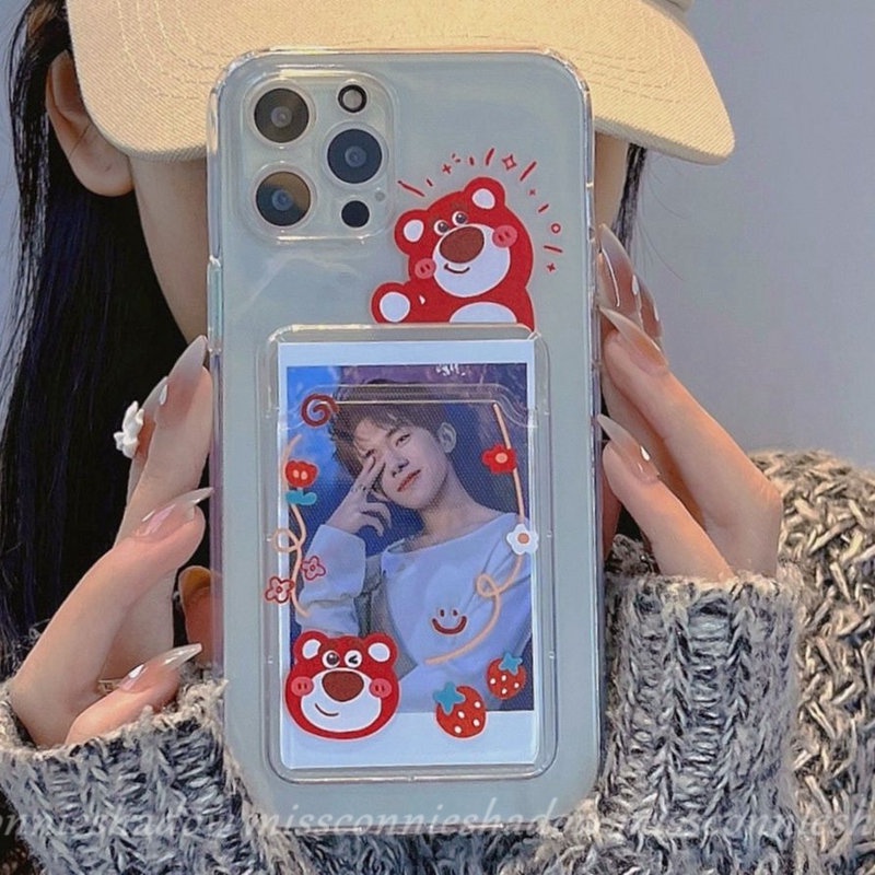 IPHONE Casing Slot Dompet Transparan Beruang Strawberry Yang Indah Untuk Iphone11 7plus XR 11 12 13 14 Pro Max 6 6s 7 8 14 Plus X XS Max SE Kartun Lucu Toy Story Soft Cover