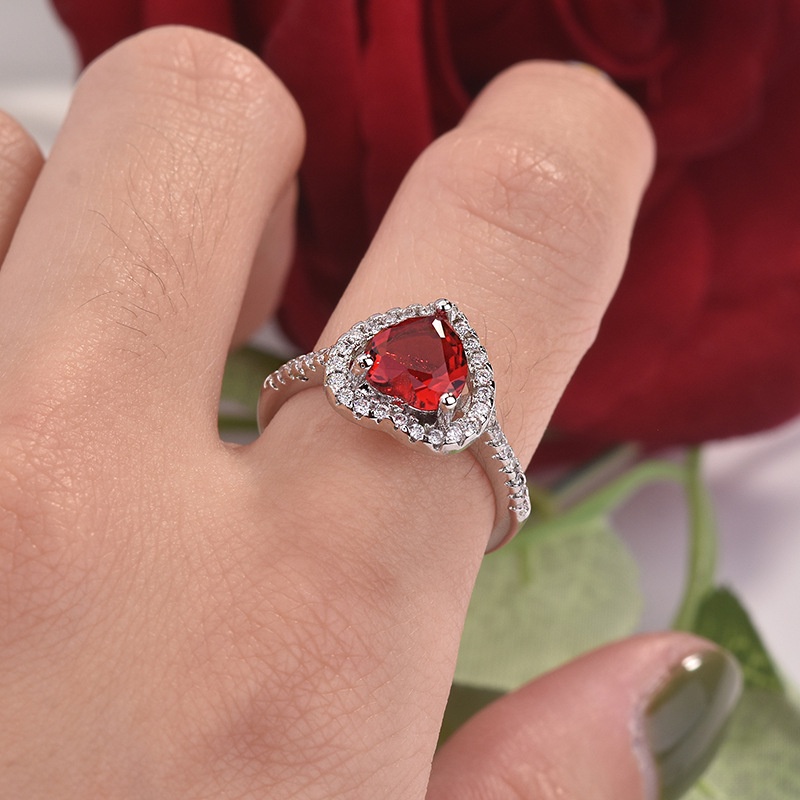 Goldkingdom Fashion Perhiasan Aksesoris Ready Stock Eropa Dan Amerika Perhiasan Berlapis Perak Royal Merah Hati Ruby Cincin Wanita Berwarna Batu Permata Cincin