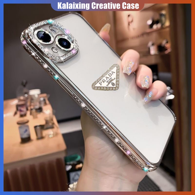 Casing Ponsel Prada Bertabur Berlian Untuk iPhone 14 Pro Max 13 Pro 12 Pro 11 Pro Max Transparan Plating Soft Casing Cover Belakang