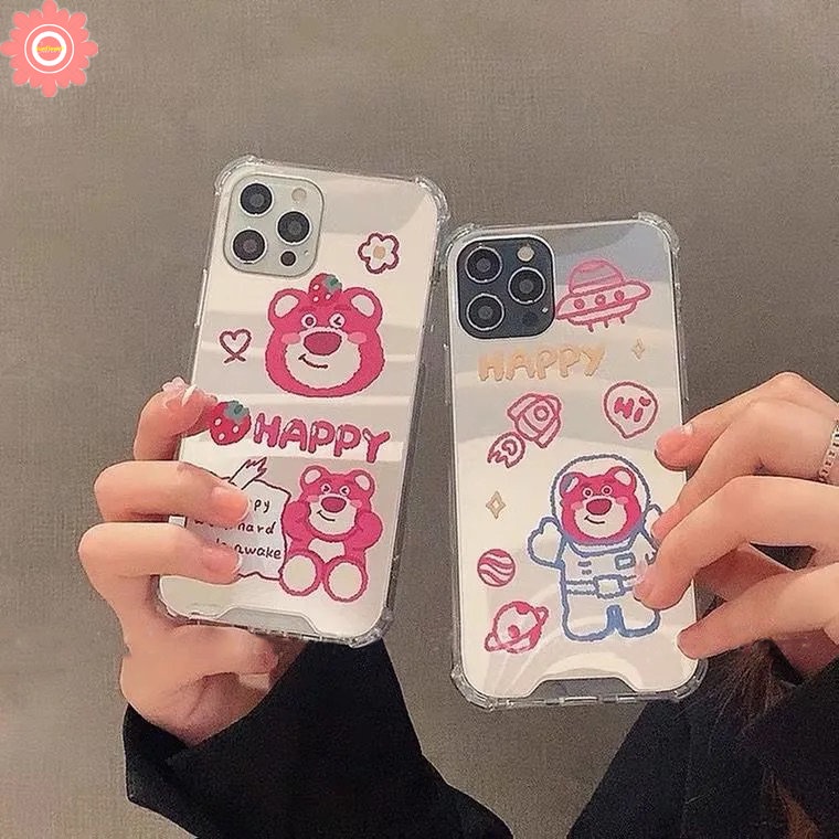 IPHONE Cermin Make Up Imut Strawberry Bear Manyo Case Kompatibel Untuk Iphone11 12 13 Pro MAX 7plus XR 78 Plus X XS MAX SE 2020 Lembut Jatuh Shockproof Back Cover