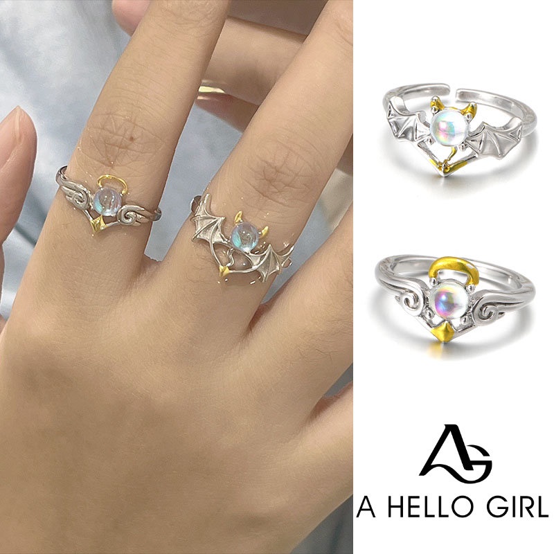 Korea Fashion Perempuan Retro Moonstone Angel Devil Cincin Dapat Disesuaikan