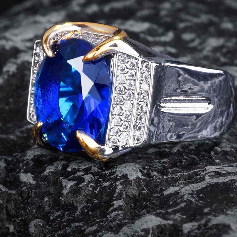 Cincin Safir Simulasi Kualitas Mewah Untuk Pria Cincin Perjamuan Pernikahan Permata Biru Warna-Warni