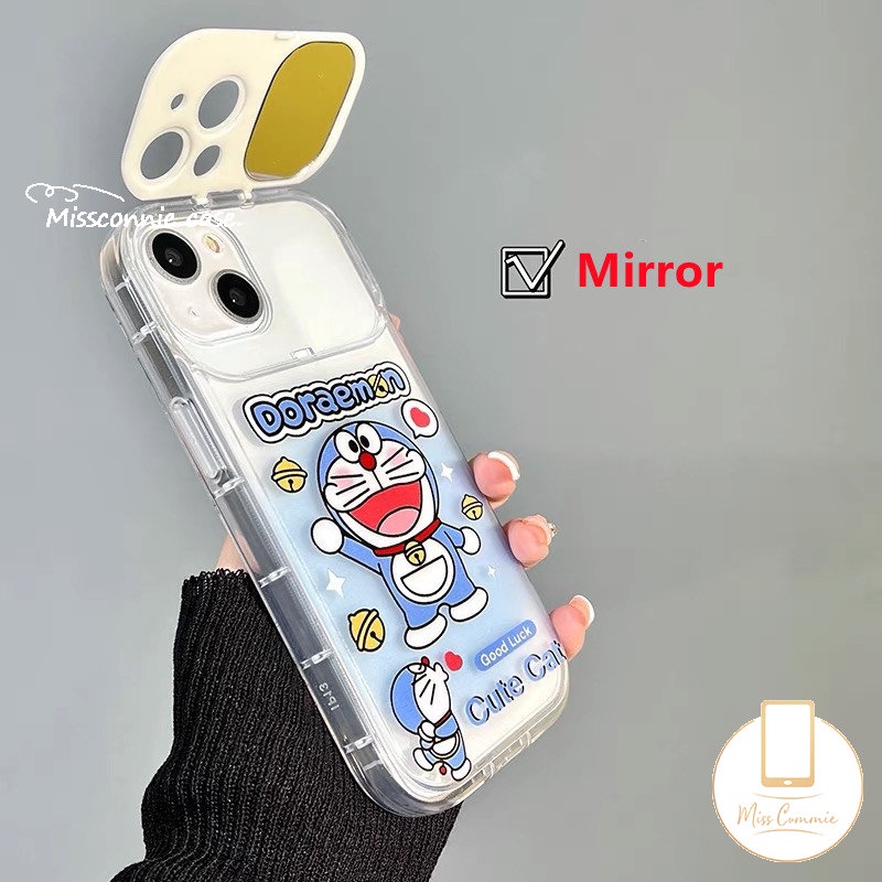 IPHONE Lovely Creative Flip Make Up Mirror Case Kompatibel Untuk Iphone11 14 13 12 Pro MAX XR 7 8 14 Plus X XS MAX SE 2020 Lucu Kartun Kucing Doraemon Casing Shockproof Lembut TPU Phone Cover