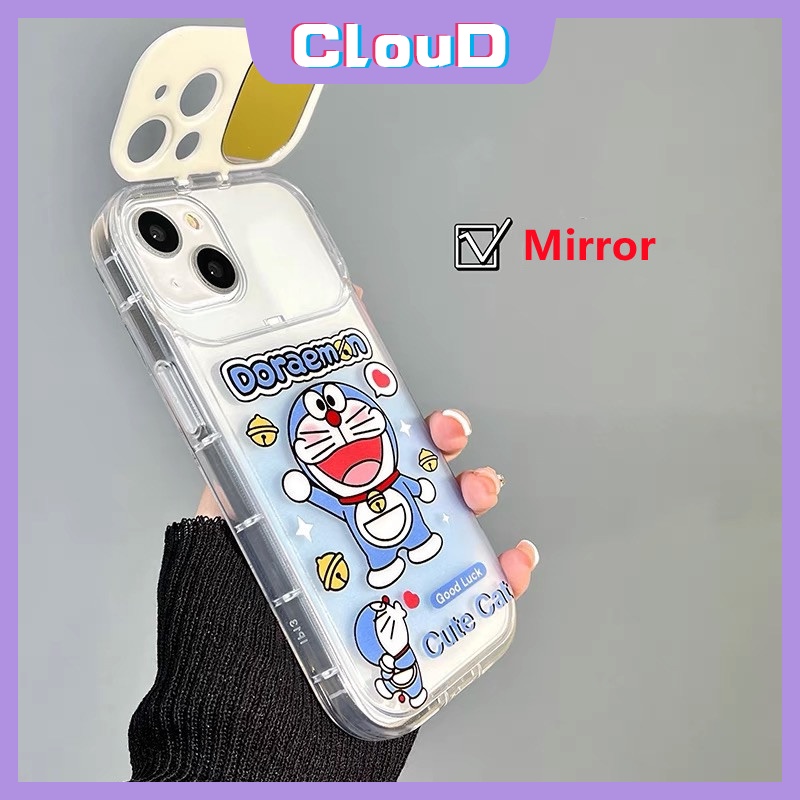 IPHONE Casing Doraemon Kucing Kartun Lucu Kompatibel Untuk Iphone11 14 12 13 Pro Max7 8 Plus XR X XS MAX SE 2020 Kreatif Flip Make Up Cermin Shockproof Lembut TPU Phone Cover