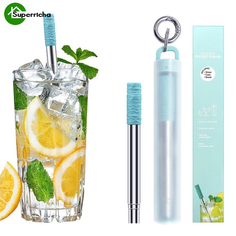 Hot Sale/Sedotan Teleskopik Stainless Steel Kreatif/Sedotan Silikon Bulat Portabel/Set Sedotan Reusable Dengan Wadah Plastik Dan Sikat Pembersih Kecil