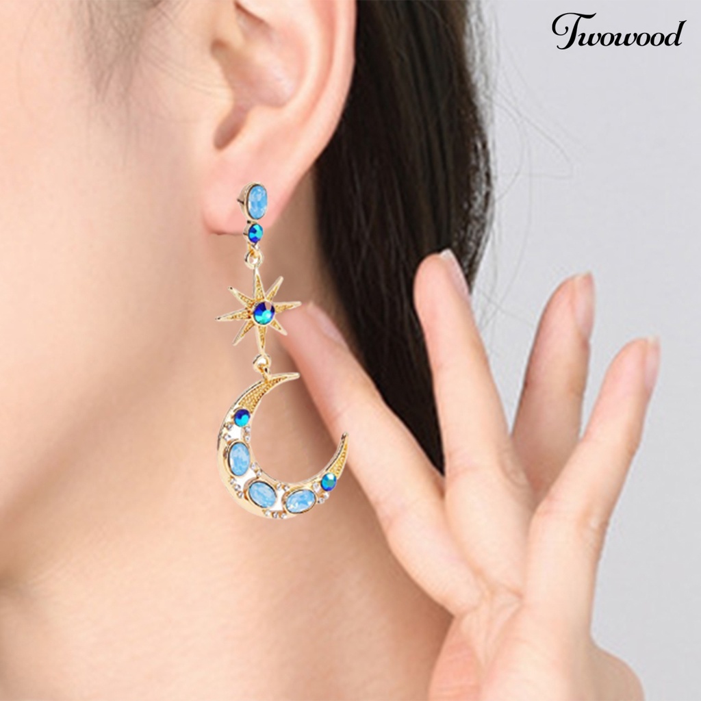 Twowood 1pasang Wanita Drop Earrings Artificial Gemstone Inlay Asimetris Berlian Imitasi Mengkilap Star Moon Earrings Pakaian Sehari-Hari