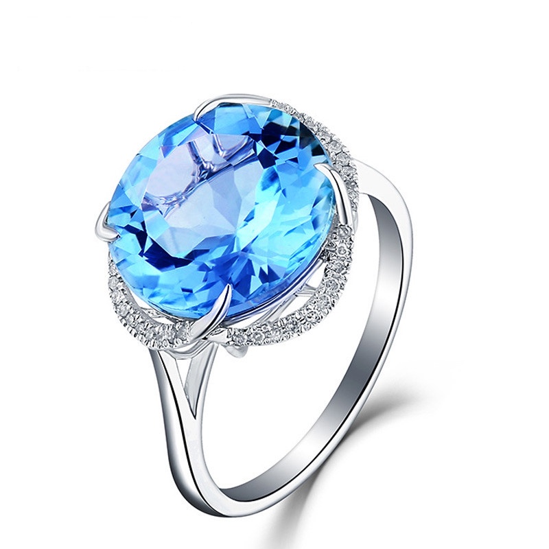 Goldkingdom Aksesoris Perhiasan Fashion Ready Stock Kristal Kuning Emas Asli Kadar 375 18K Mosaik Amethyst Aquamarine Topaz Permata Berwarna Pembukaan Cincin Perempuan