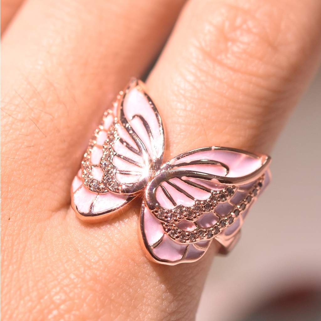 Goldkingdom Fashion Perhiasan Aksesoris Ready Stock Baru Berlian Bertatahkan Cincin Kupu-Kupu Merah Muda Berlapis Eropa Dan Amerika Cincin Emas Asli Kadar 375 18 K