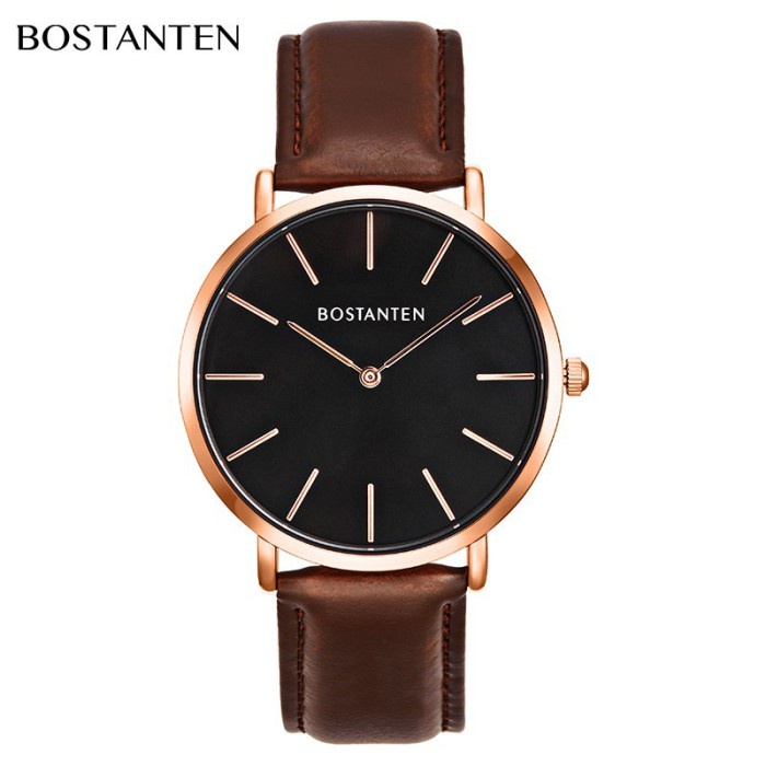 Bostanten Jam Tangan Pria Sangat tipis Cowok Quartz kulit Men Watch - Coklat hitam