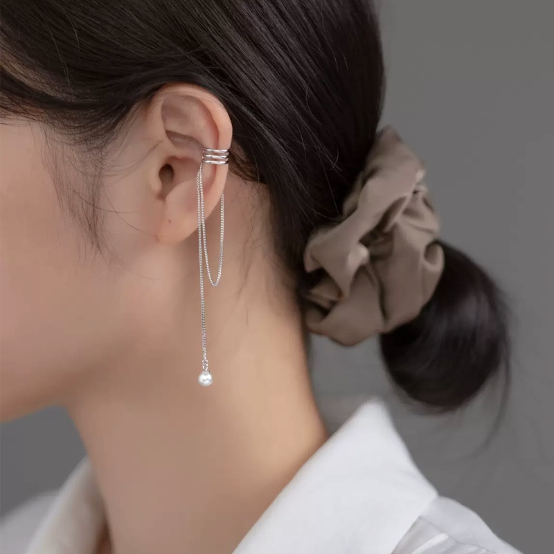 Papaozhu 1PC Mutiara Elegan Rumbai Rantai Liontin Klip Anting Untuk Wanita Perempuan Trendi Tanpa Tindik Cuff Earrings Kepribadian Telinga Aksesoris