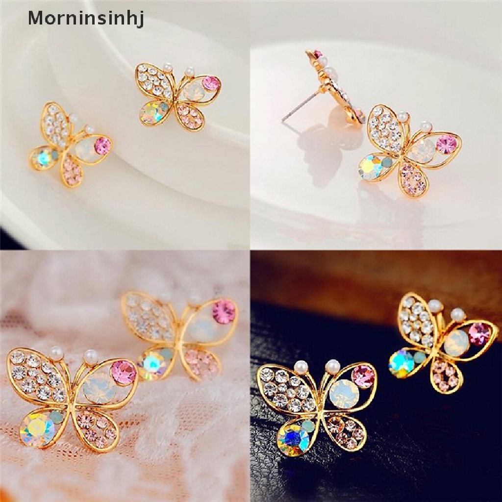 Mornin Ladies Chic Indah Kristal Berlian Imitasi Berongga Kupu-Kupu Ear Stud Earrings Hadiah id