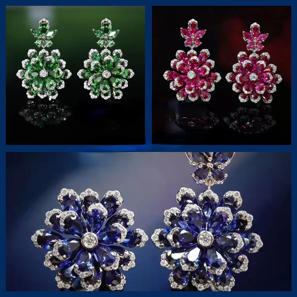 Goldkingdom Fashion Perhiasan Aksesoris Ready Stock Cahaya Mewah Rasa Senior Hidup Abadi Bunga Mewah Royal Biru Dan Merah Anting Korundum