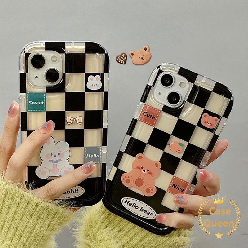 Pasangan Checkerboard Kartun Beruang Lucu Kelinci Casing Redmi Note11 9C Nfc10 9A 9T 10A 10a1 Redmi Note10 Note9 Note10s 11s 10s 11 Airbag Shockproof Anti Jatuh Lembut Tpu Cover